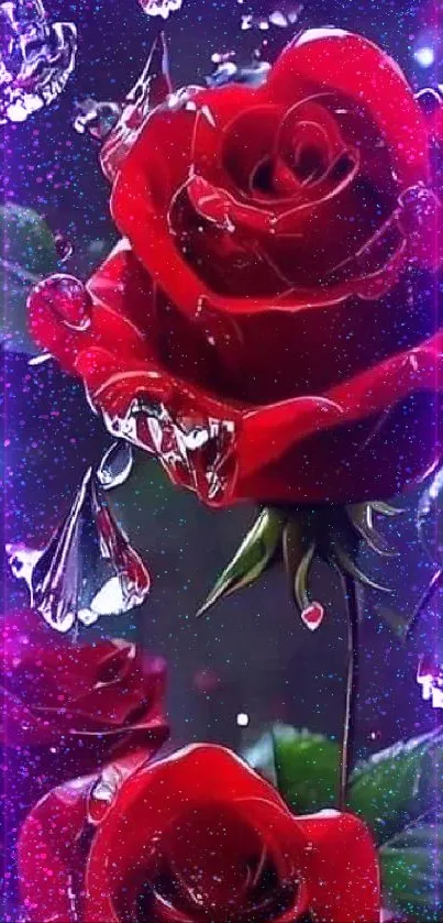 Red rose with dew drops and galaxy effect.