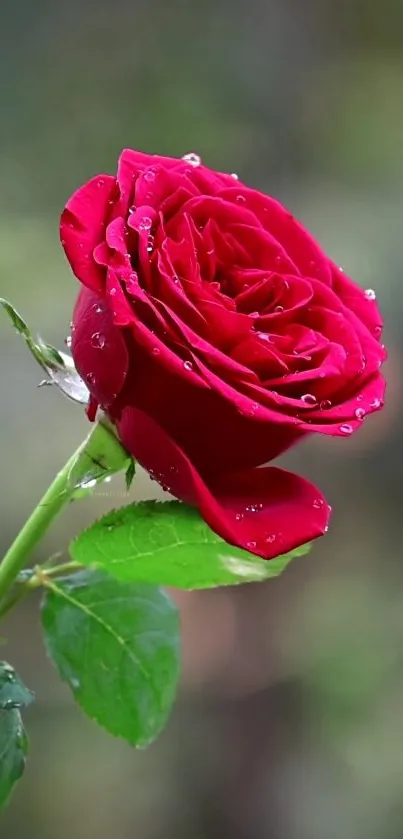 Vibrant red rose with dew drops on petals and green leaves.