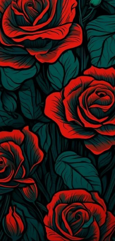 Vibrant red roses with green leaves on a dark background wallpaper.