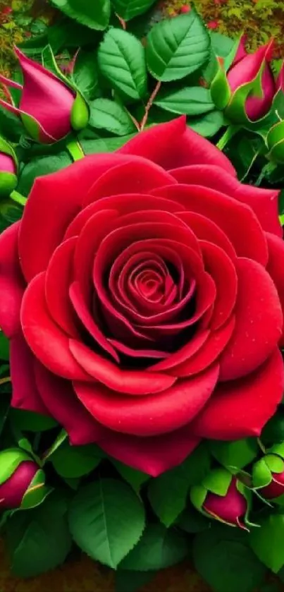Vibrant red rose with green leaves wallpaper