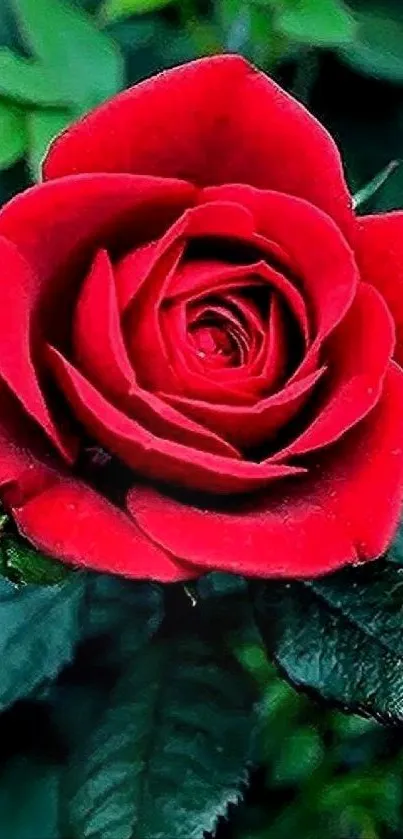Close-up of a vibrant red rose blossom with green leaves.