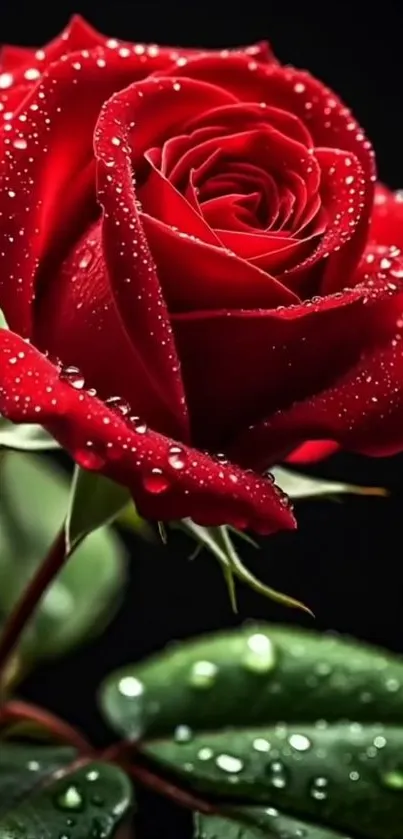 Beautiful red rose with dew drops close-up on dark background.