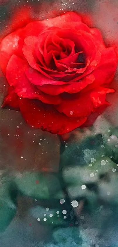 Vibrant red rose with watercolor splashes on a mobile wallpaper.