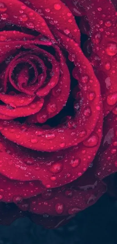 Close-up of a red rose with dewdrops as a mobile wallpaper.