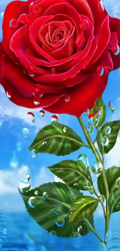 Red rose with dewdrops against a blue sky.