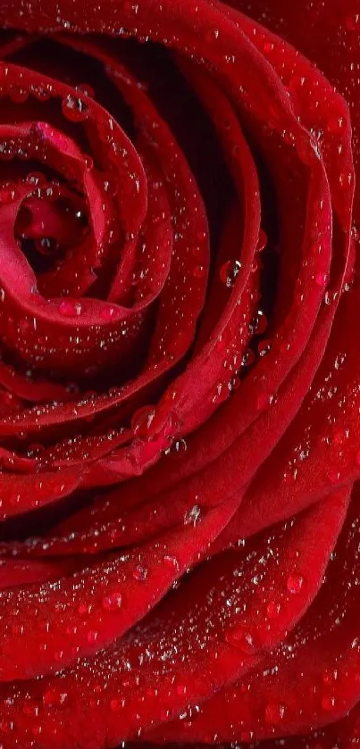 Close-up of vibrant red rose petals with water droplets.