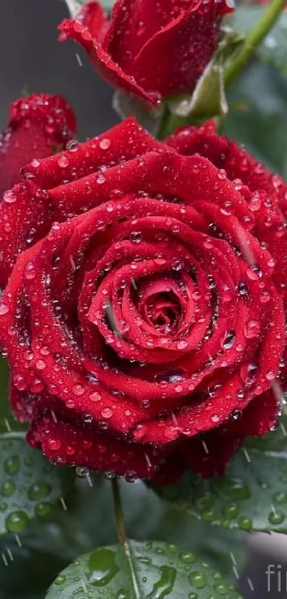 Red rose with dew on petals in close-up view.