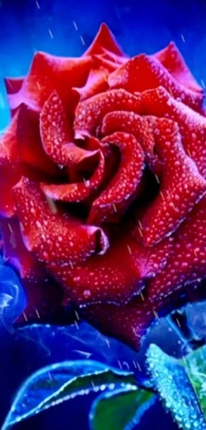 Vibrant red rose with dewdrops on blue background.