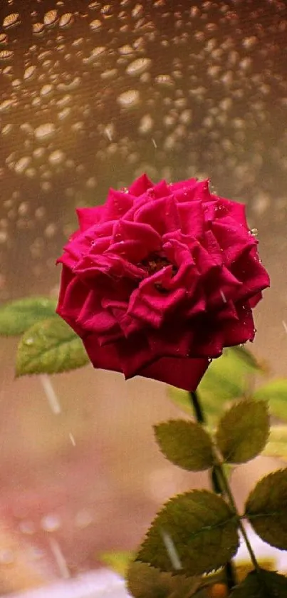 Close-up of a red rose with raindrops on leaves.