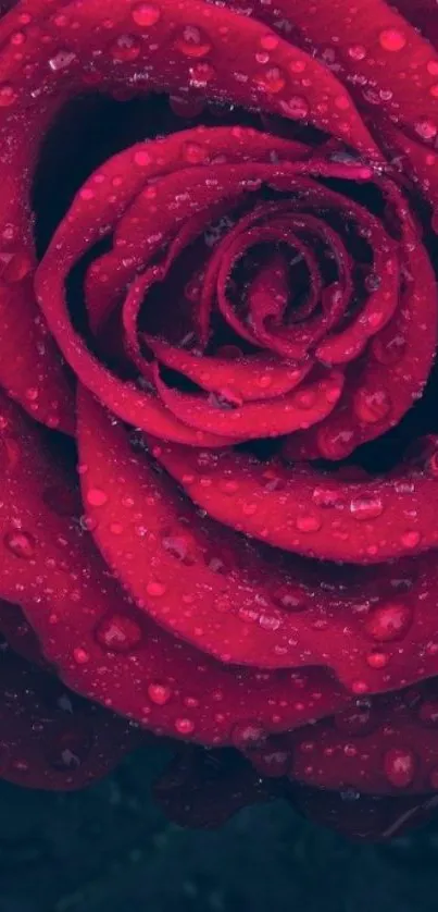 Close-up image of a red rose with water droplets.