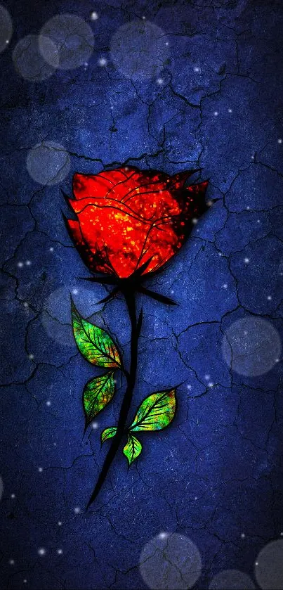 Vibrant red rose with green leaves on a textured blue background wallpaper.