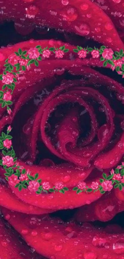 Close-up of a vibrant red rose with a floral decorative frame.