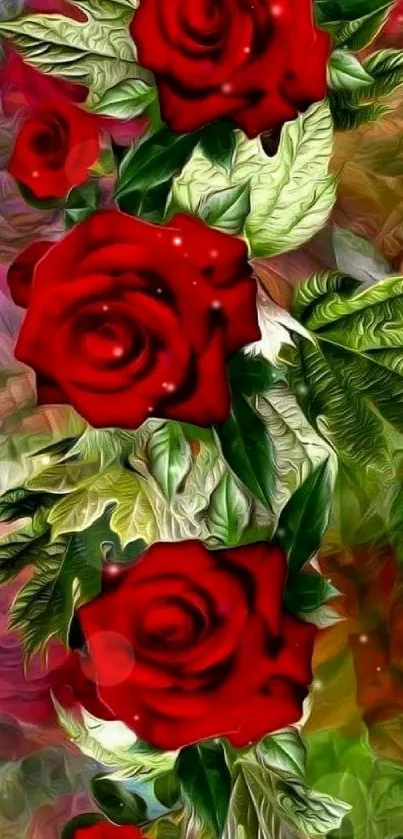 Beautiful red roses with green leaves.