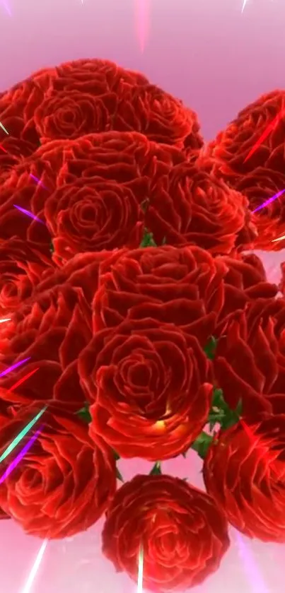 Vibrant red roses with a pink background and sparkles.