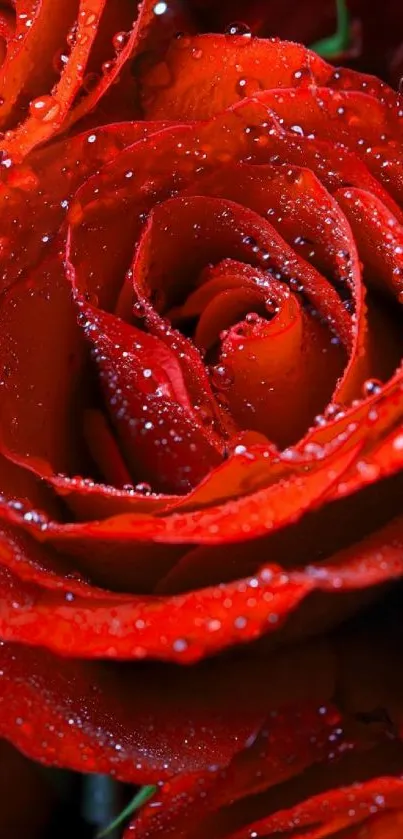 Closeup of vibrant red roses with droplets on petals.