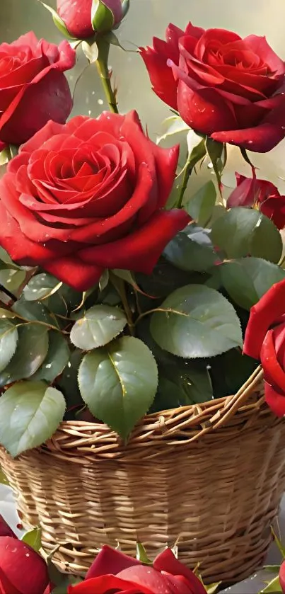 Red roses in a wicker basket, vibrant and elegant.