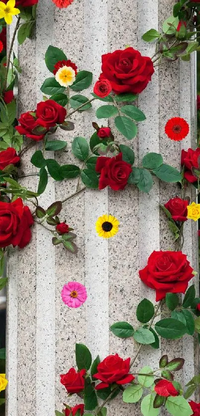 Red roses climbing on a stone pillar with green leaves in the background.