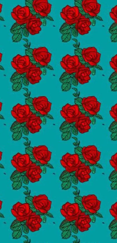 Red roses pattern on turquoise background mobile wallpaper.