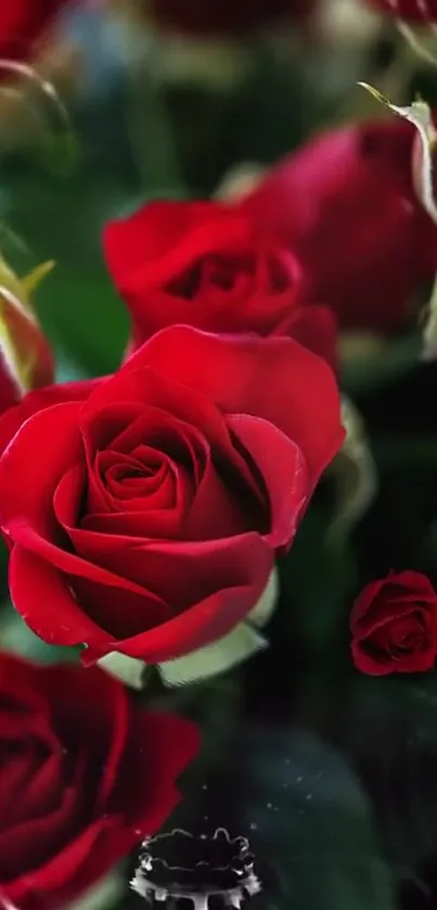 Close-up of vibrant red roses in a lush arrangement.