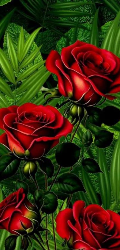 Vibrant red roses amidst lush green foliage.