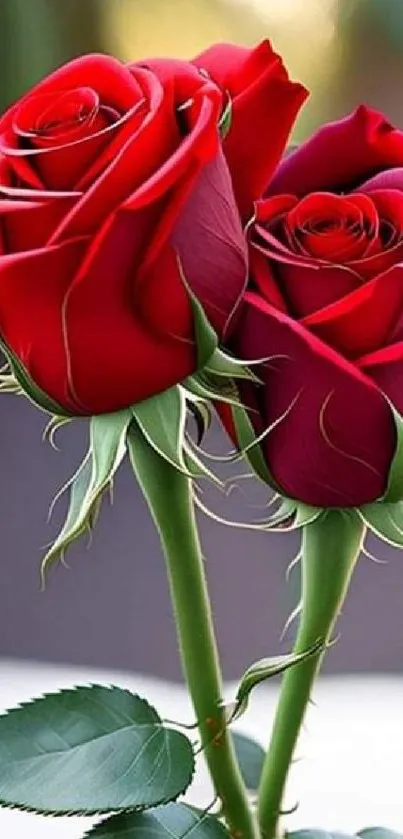 A close-up view of two vibrant red roses against a blurred background.