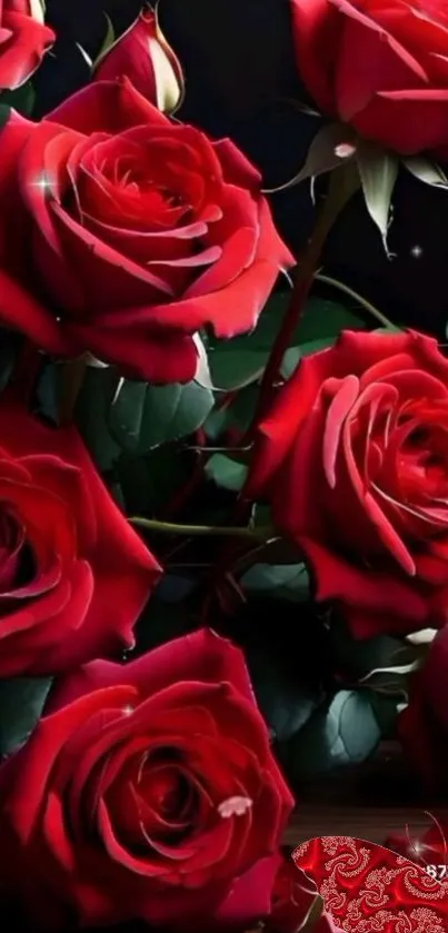 Mobile wallpaper featuring vibrant red roses and lush green leaves.