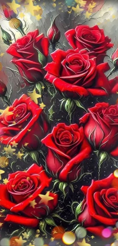 Vibrant mobile wallpaper with red roses and a sprinkle of colorful stars.