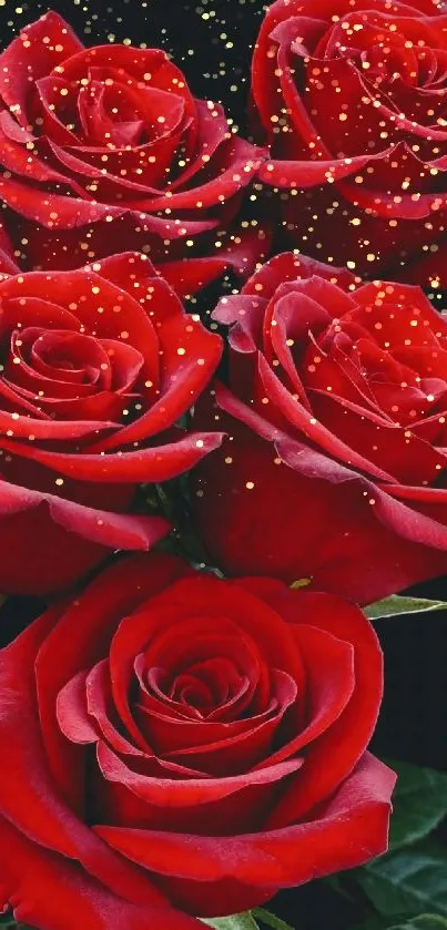 Mobile wallpaper featuring vibrant red roses on a dark background.