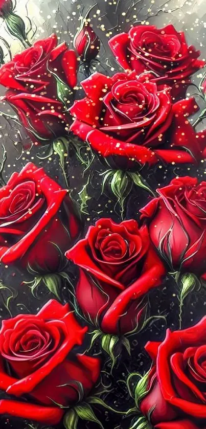 Vibrant red roses with green leaves on a textured background.