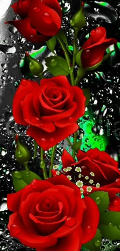 Mobile wallpaper with vibrant red roses and dewy dark background.