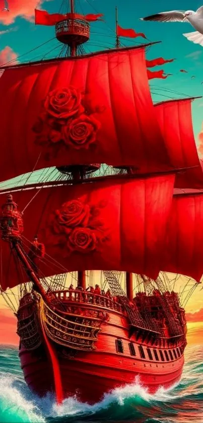 Red sailing ship with red sails at sunset.