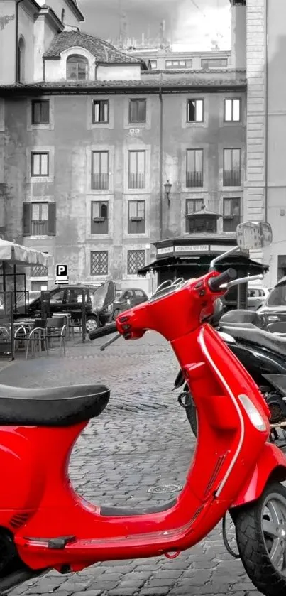 Red scooter in a European city street setting with classic architecture.