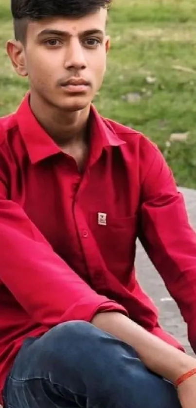 Young man in red shirt sitting outdoors against grassy background.