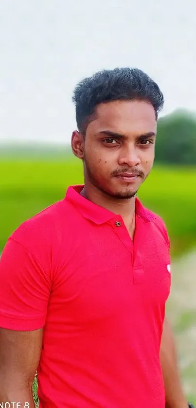 Man in red shirt standing by lush green field.