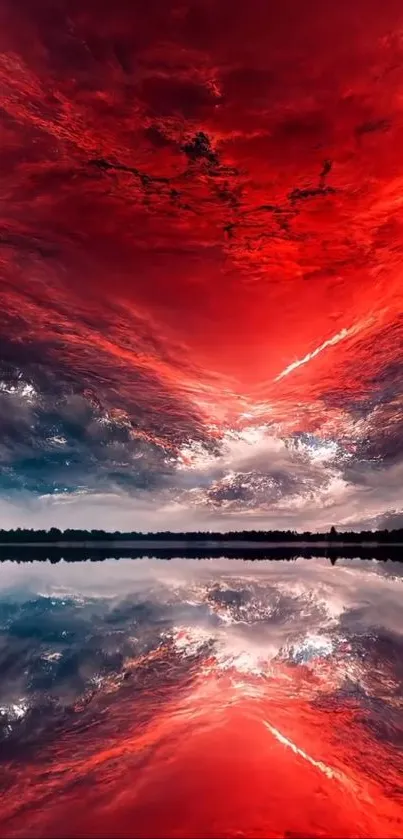 Vibrant red sunset sky mirrored perfectly over a tranquil lake.