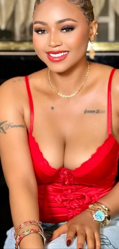 A woman in a vibrant red dress with a joyful smile.