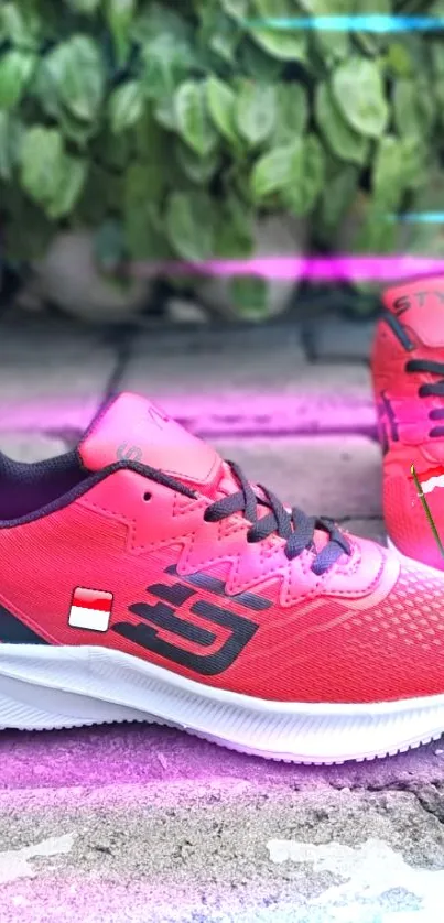 Vibrant red sneakers on a colorful background.