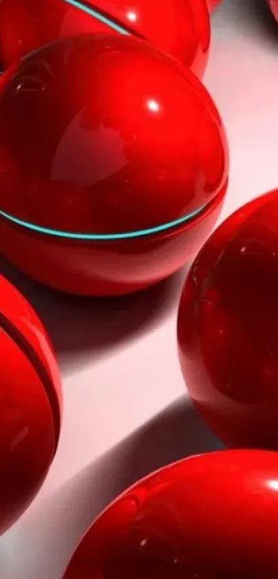 Vibrant red spheres on a glossy surface with blue accents, creating a modern look.