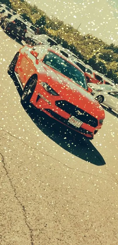 Vibrant red sports car parked under blue sky.