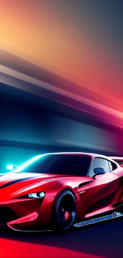 Red sports car speeds through vibrant sunset hues backdrop.