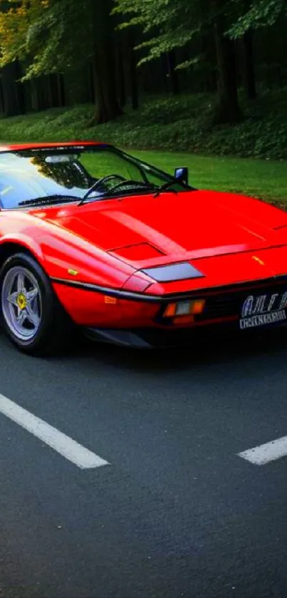 Vibrant red sports car on forest road.