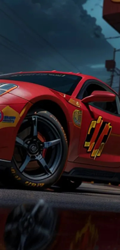 Dynamic red sportscar parked on street at night.