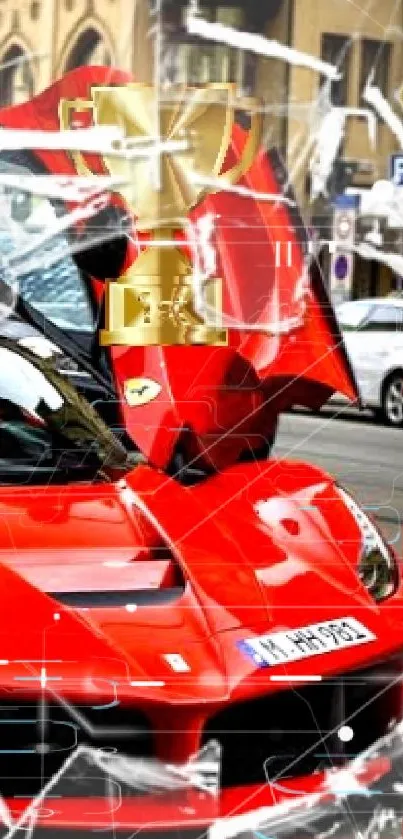 Striking red sports car with open butterfly doors in an urban setting.