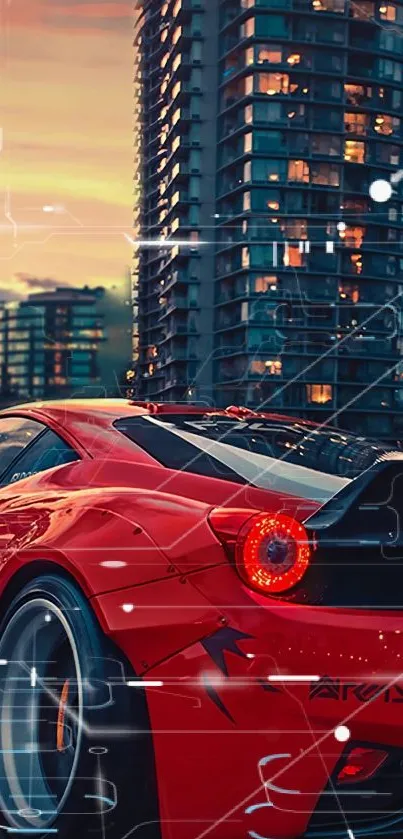 Vibrant red sports car in urban sunset setting.