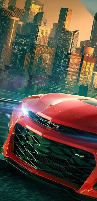 Red sports car racing in cityscape nightlife.