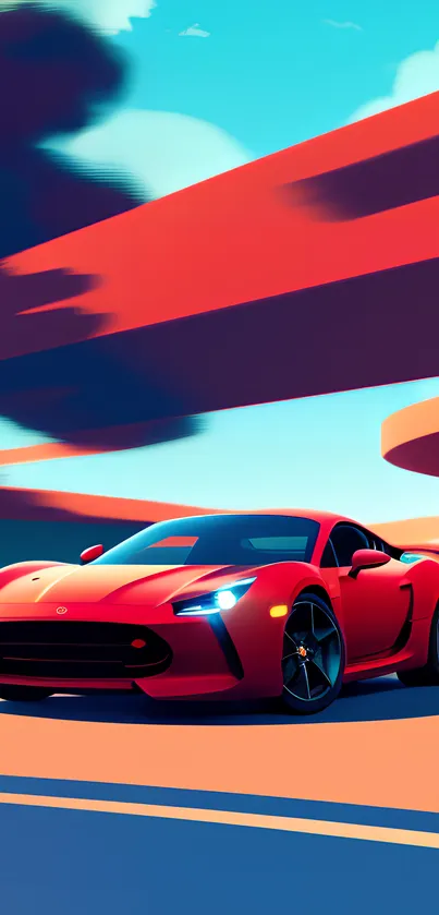 Vibrant red sports car on a futuristic highway.