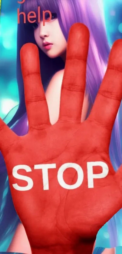Red hand with 'STOP' on colorful background.