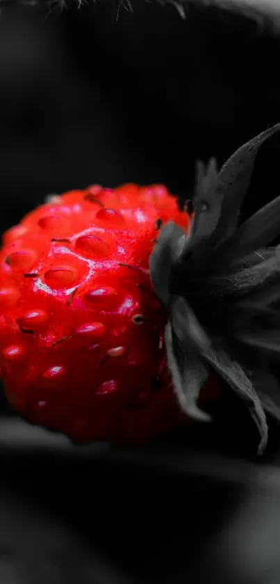 Bright red strawberry against black and white leaves wallpaper.