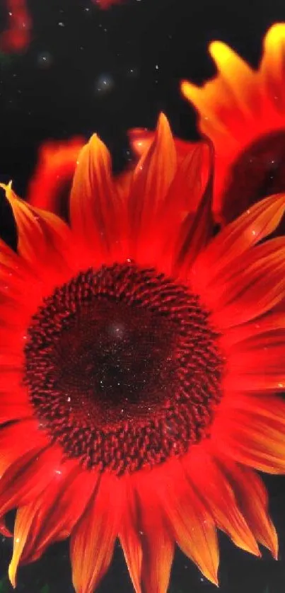 Vibrant wallpaper featuring red sunflowers glowing against a dark background.