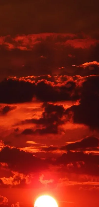 Vibrant red sunset sky with clouds silhouetted against the sun.